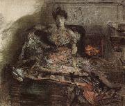 Mikhail Vrubel Arter the concert:nadezhda zabela-Vrubel by the fireplace wearing a dress designed by the artist oil painting